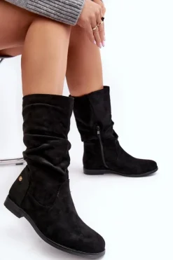 Damskie Evento Botki Damskie Na Płaskim Obcasie Z Marszczoną Cholewką Czarne Kotine