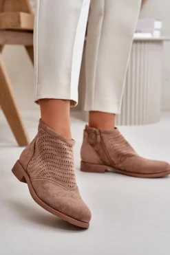 Damskie Damskie buty S.Barski Botki Damskie Na Płaskim Obcasie Ażurowe Brązowe S.Barski HY42-076