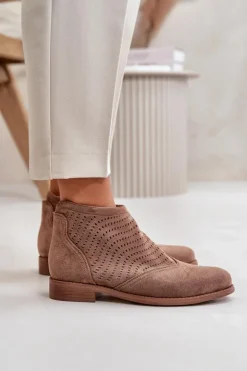 Damskie Damskie buty S.Barski Botki Damskie Na Płaskim Obcasie Ażurowe Brązowe S.Barski HY42-076