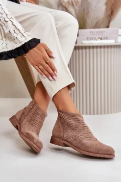 Damskie Damskie buty S.Barski Botki Damskie Na Płaskim Obcasie Ażurowe Brązowe S.Barski HY42-076