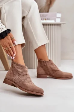 Damskie Damskie buty S.Barski Botki Damskie Na Płaskim Obcasie Ażurowe Brązowe S.Barski HY42-076