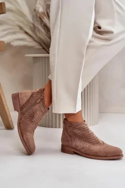 Damskie Damskie buty S.Barski Botki Damskie Na Płaskim Obcasie Ażurowe Brązowe S.Barski HY42-076