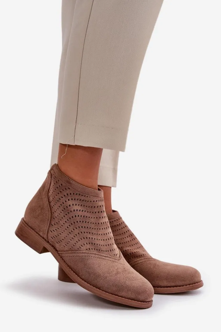 Damskie Damskie buty S.Barski Botki Damskie Na Płaskim Obcasie Ażurowe Brązowe S.Barski HY42-076
