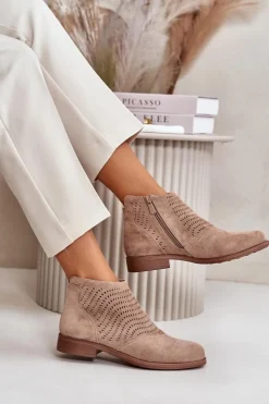 Damskie buty S.Barski Botki Ażurowe|Brązowe I Beżowe Botki*Botki Damskie Na Płaskim Obcasie Ażurowe Beżowe S.Barski HY42-076 Beżowy