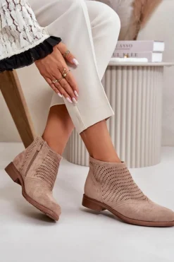 Damskie buty S.Barski Botki Ażurowe|Brązowe I Beżowe Botki*Botki Damskie Na Płaskim Obcasie Ażurowe Beżowe S.Barski HY42-076 Beżowy