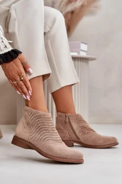 Damskie buty S.Barski Botki Ażurowe|Brązowe I Beżowe Botki*Botki Damskie Na Płaskim Obcasie Ażurowe Beżowe S.Barski HY42-076 Beżowy