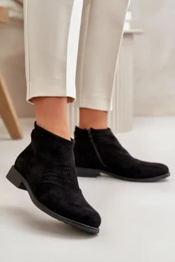 Clearance Damskie buty S.Barski Botki Damskie Na Płaskim Obcasie Ażurowe Czarne S.Barski HY42-076 Czarny