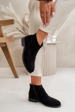 Clearance Damskie buty S.Barski Botki Damskie Na Płaskim Obcasie Ażurowe Czarne S.Barski HY42-076 Czarny