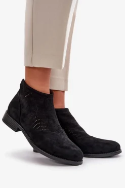 Clearance Damskie buty S.Barski Botki Damskie Na Płaskim Obcasie Ażurowe Czarne S.Barski HY42-076 Czarny