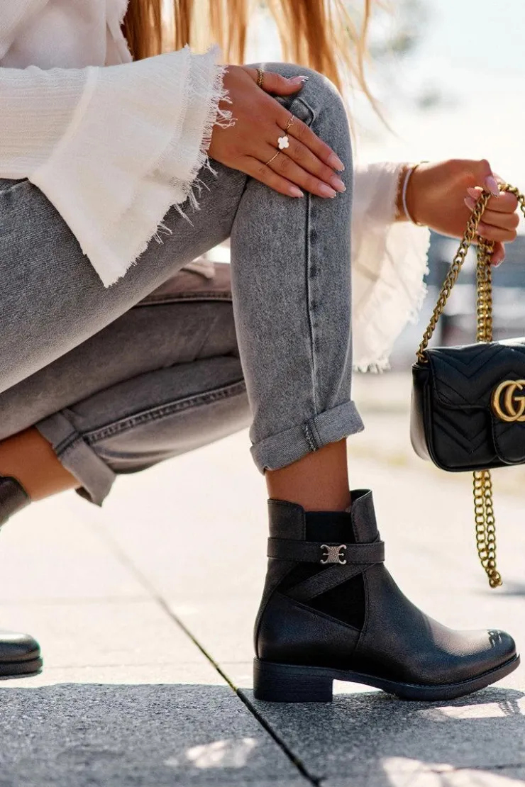 Damskie Boto Botki Damskie Na Płaskim Obcasie Czarne Noria