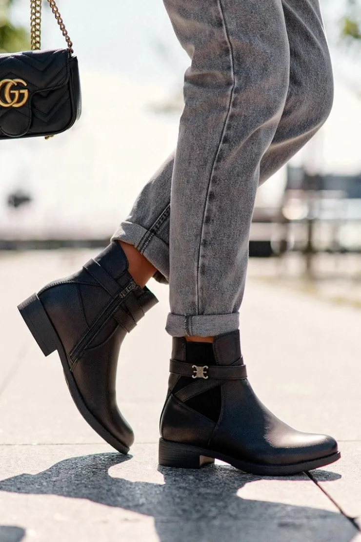 Damskie Boto Botki Damskie Na Płaskim Obcasie Czarne Noria