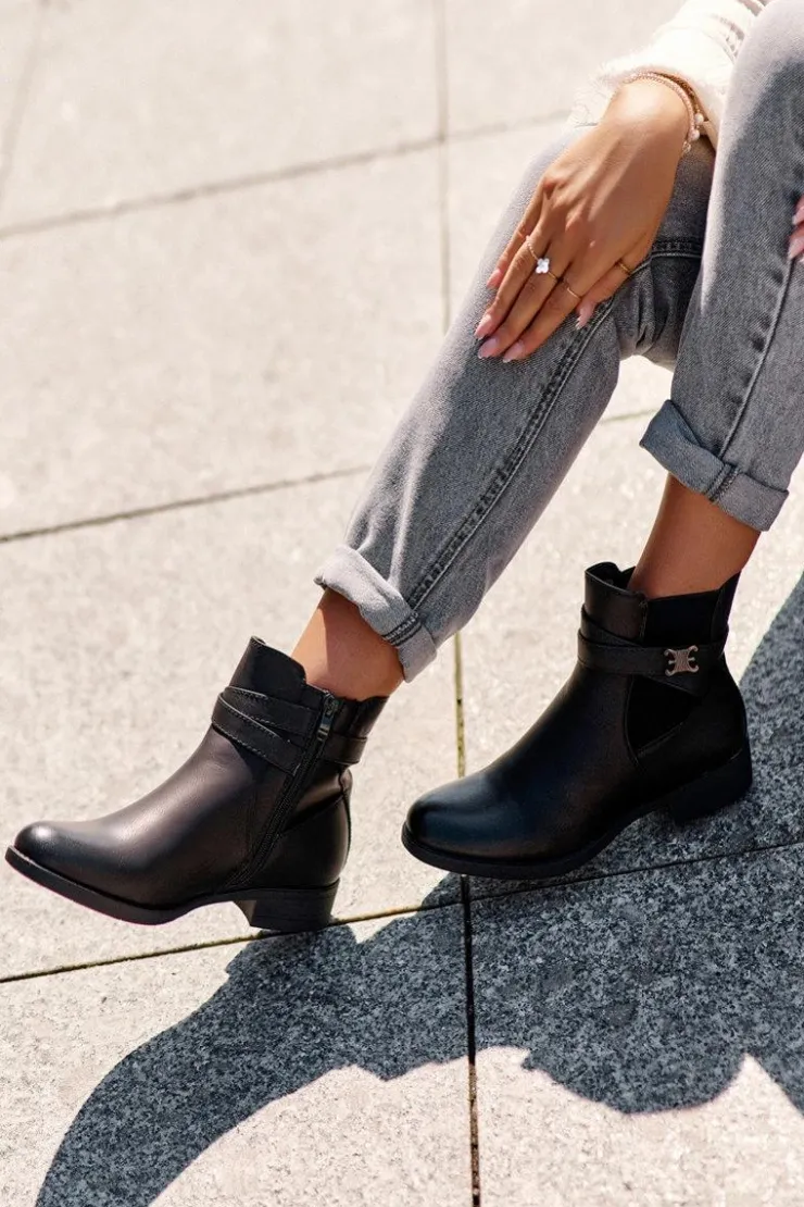 Damskie Boto Botki Damskie Na Płaskim Obcasie Czarne Noria