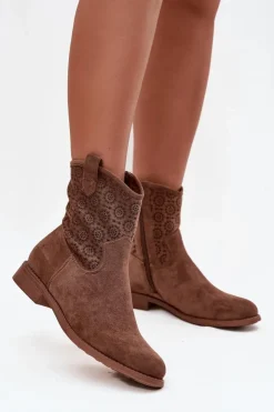 Damskie Damskie buty S.Barski Botki Damskie Na Płaskim Obcasie Z Ażurowym Wzorem S.Barski HY52-530 Brązowe