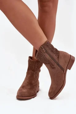 Damskie Damskie buty S.Barski Botki Damskie Na Płaskim Obcasie Z Ażurowym Wzorem S.Barski HY52-530 Brązowe