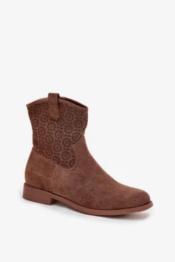 Damskie Damskie buty S.Barski Botki Damskie Na Płaskim Obcasie Z Ażurowym Wzorem S.Barski HY52-530 Brązowe