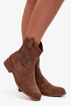 Damskie Damskie buty S.Barski Botki Damskie Na Płaskim Obcasie Z Ażurowym Wzorem S.Barski HY52-530 Brązowe