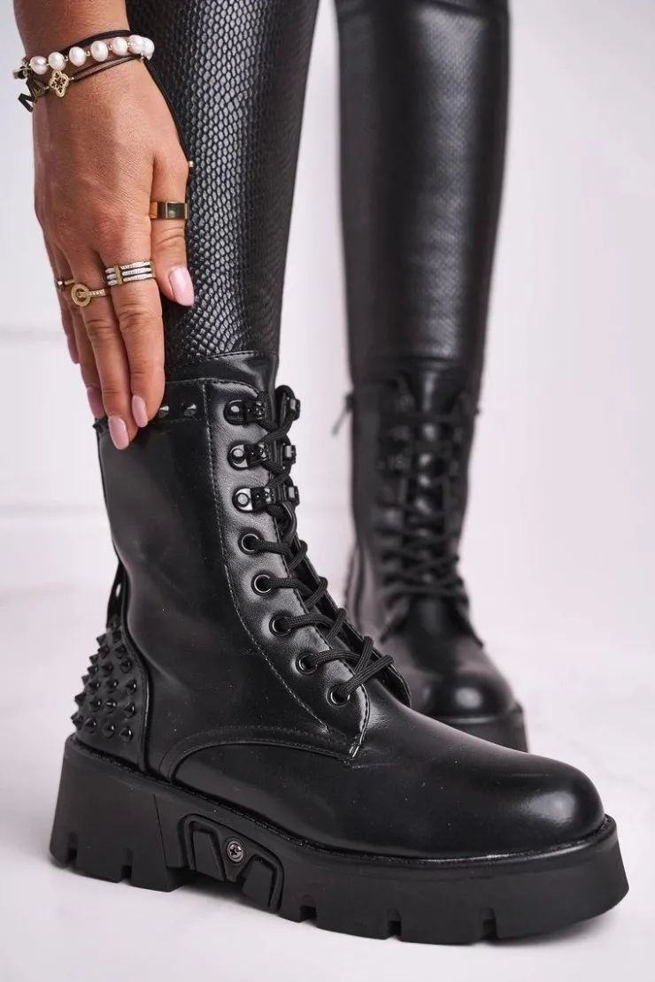 Boto Damskie Trapery|Botki Sznurowane*Botki Damskie Na Platformie Grunge Czarne Angels Rock