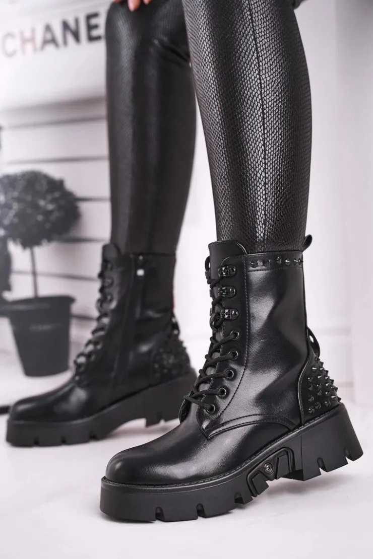 Boto Damskie Trapery|Botki Sznurowane*Botki Damskie Na Platformie Grunge Czarne Angels Rock