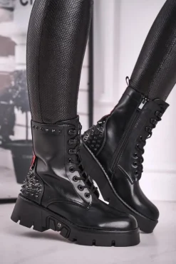 Boto Damskie Trapery|Botki Sznurowane*Botki Damskie Na Platformie Grunge Czarne Angels Rock