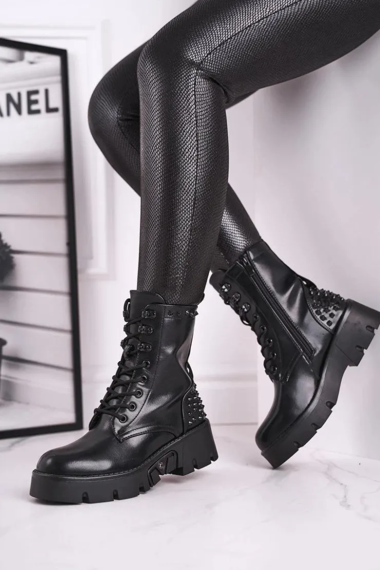 Boto Damskie Trapery|Botki Sznurowane*Botki Damskie Na Platformie Grunge Czarne Angels Rock