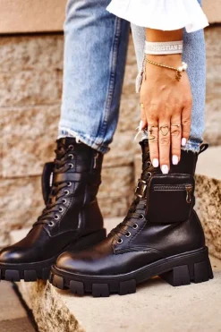 Damskie Damskie buty S.Barski Botki Damskie Na Platformie Ocieplane Czarne Verdem