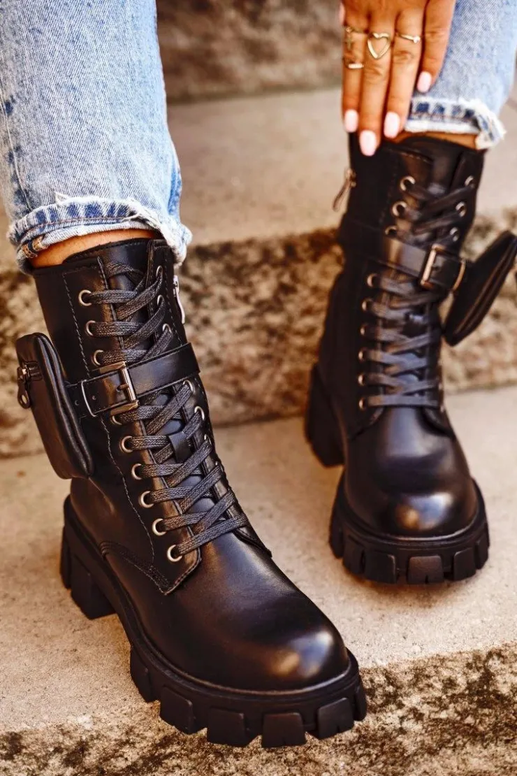 Damskie Damskie buty S.Barski Botki Damskie Na Platformie Ocieplane Czarne Verdem