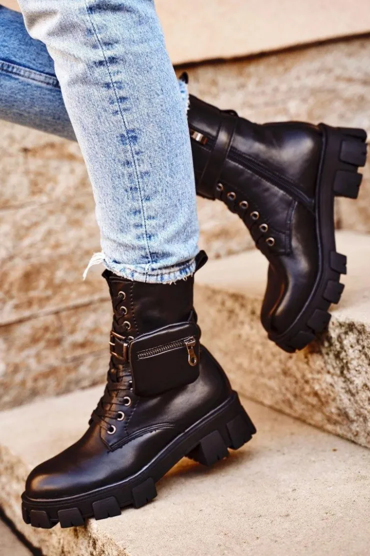 Damskie Damskie buty S.Barski Botki Damskie Na Platformie Ocieplane Czarne Verdem