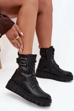 Damskie Boto Botki Damskie Na Platformie Z Ozdobnym Detalem Ocieplane Czarne Lyrana