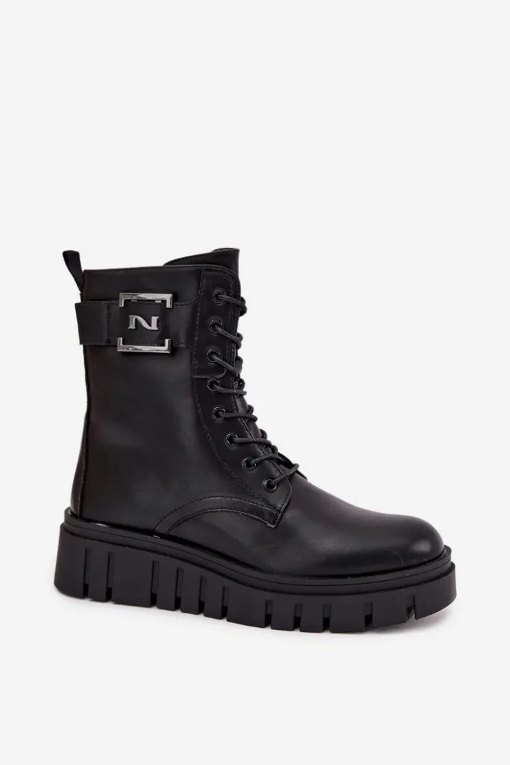 Damskie Boto Botki Damskie Na Platformie Z Ozdobnym Detalem Ocieplane Czarne Lyrana