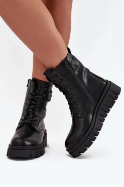Damskie Boto Botki Damskie Na Platformie Z Ozdobnym Detalem Ocieplane Czarne Lyrana