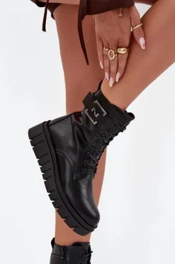 Damskie Boto Botki Damskie Na Platformie Z Ozdobnym Detalem Ocieplane Czarne Lyrana