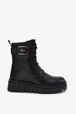 Damskie Boto Botki Damskie Na Platformie Z Ozdobnym Detalem Ocieplane Czarne Lyrana