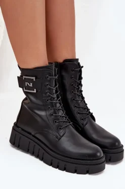 Damskie Boto Botki Damskie Na Platformie Z Ozdobnym Detalem Ocieplane Czarne Lyrana