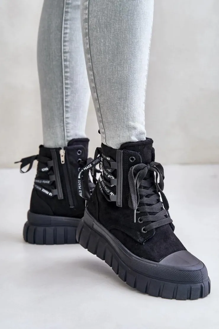 Evento Damskie Trapery|Botki Sznurowane*Botki Damskie Na Platformie Z Ozdobnym Sznurowaniem Czarne Edidda