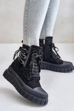 Evento Damskie Trapery|Botki Sznurowane*Botki Damskie Na Platformie Z Ozdobnym Sznurowaniem Czarne Edidda