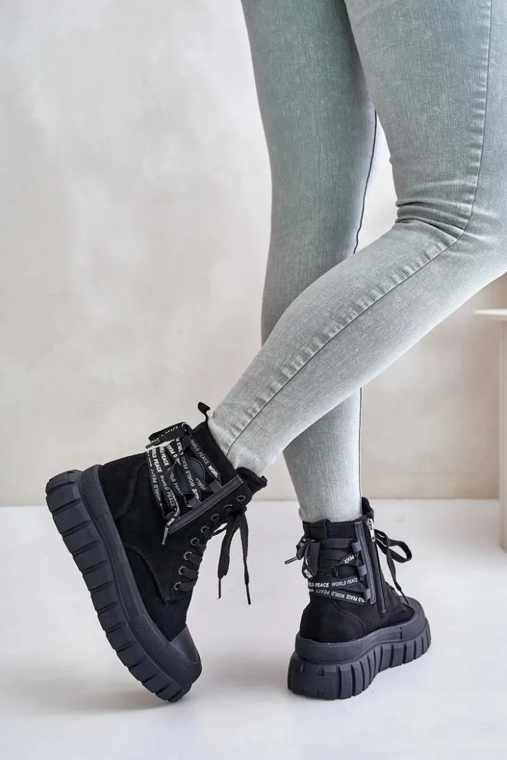 Evento Damskie Trapery|Botki Sznurowane*Botki Damskie Na Platformie Z Ozdobnym Sznurowaniem Czarne Edidda