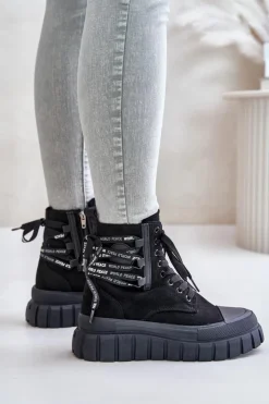 Evento Damskie Trapery|Botki Sznurowane*Botki Damskie Na Platformie Z Ozdobnym Sznurowaniem Czarne Edidda