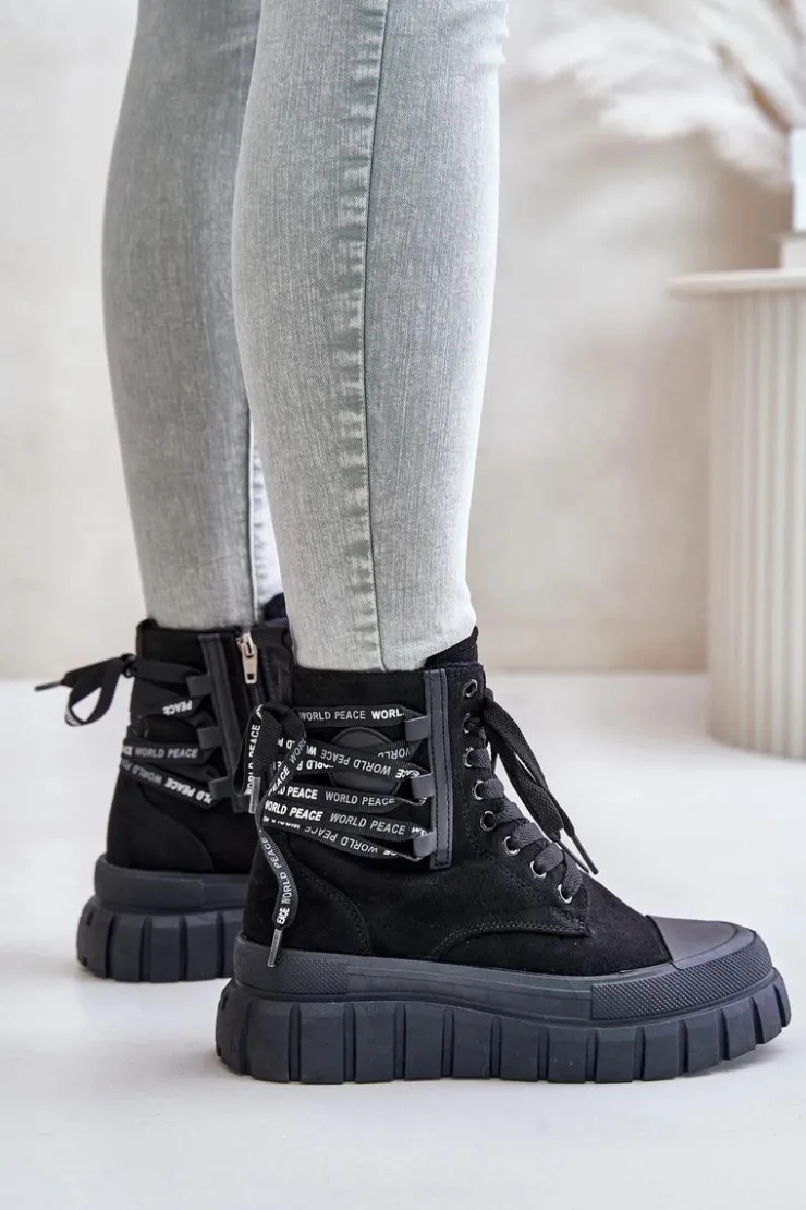 Evento Damskie Trapery|Botki Sznurowane*Botki Damskie Na Platformie Z Ozdobnym Sznurowaniem Czarne Edidda
