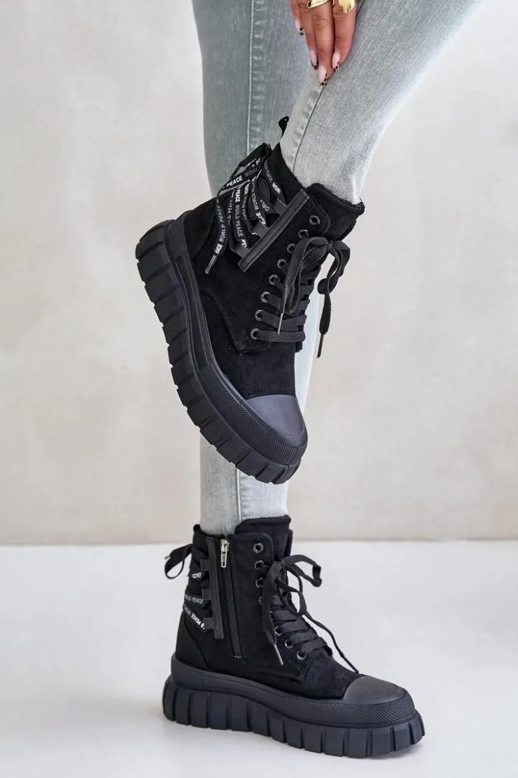 Evento Damskie Trapery|Botki Sznurowane*Botki Damskie Na Platformie Z Ozdobnym Sznurowaniem Czarne Edidda