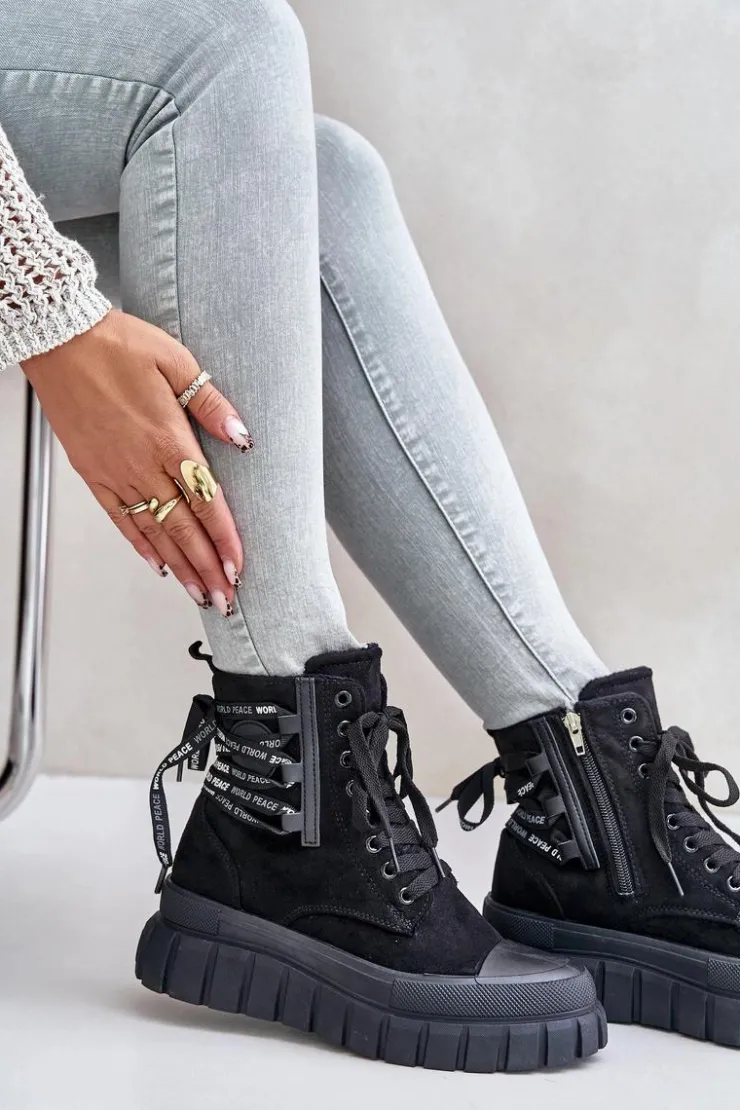 Evento Damskie Trapery|Botki Sznurowane*Botki Damskie Na Platformie Z Ozdobnym Sznurowaniem Czarne Edidda