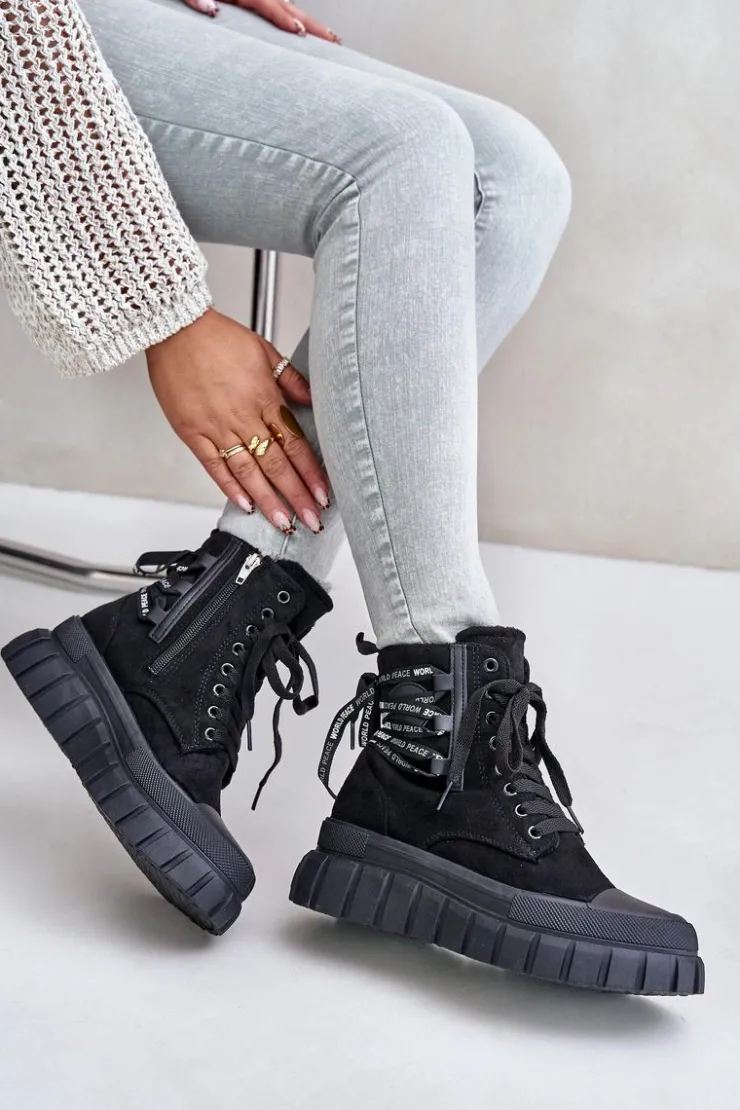 Evento Damskie Trapery|Botki Sznurowane*Botki Damskie Na Platformie Z Ozdobnym Sznurowaniem Czarne Edidda