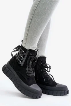 Evento Damskie Trapery|Botki Sznurowane*Botki Damskie Na Platformie Z Ozdobnym Sznurowaniem Czarne Edidda