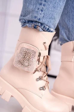 Damskie Boto Botki Damskie Na Platformie Ocieplane Beżowe Seul