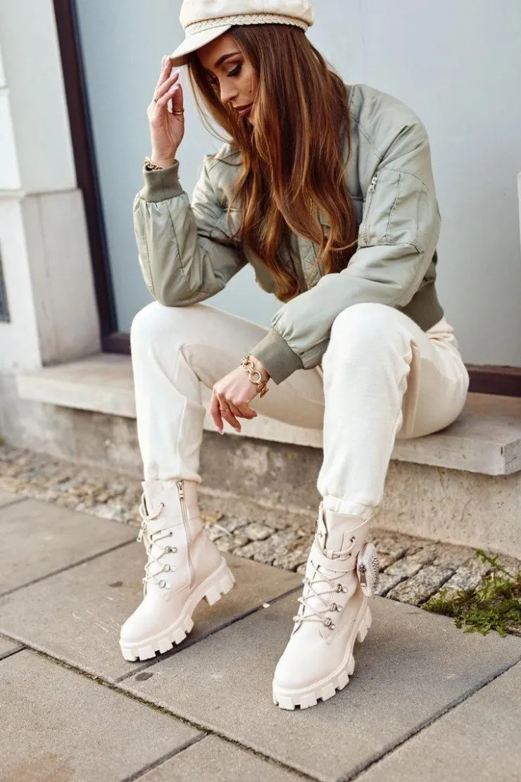 Damskie Boto Botki Damskie Na Platformie Ocieplane Beżowe Seul