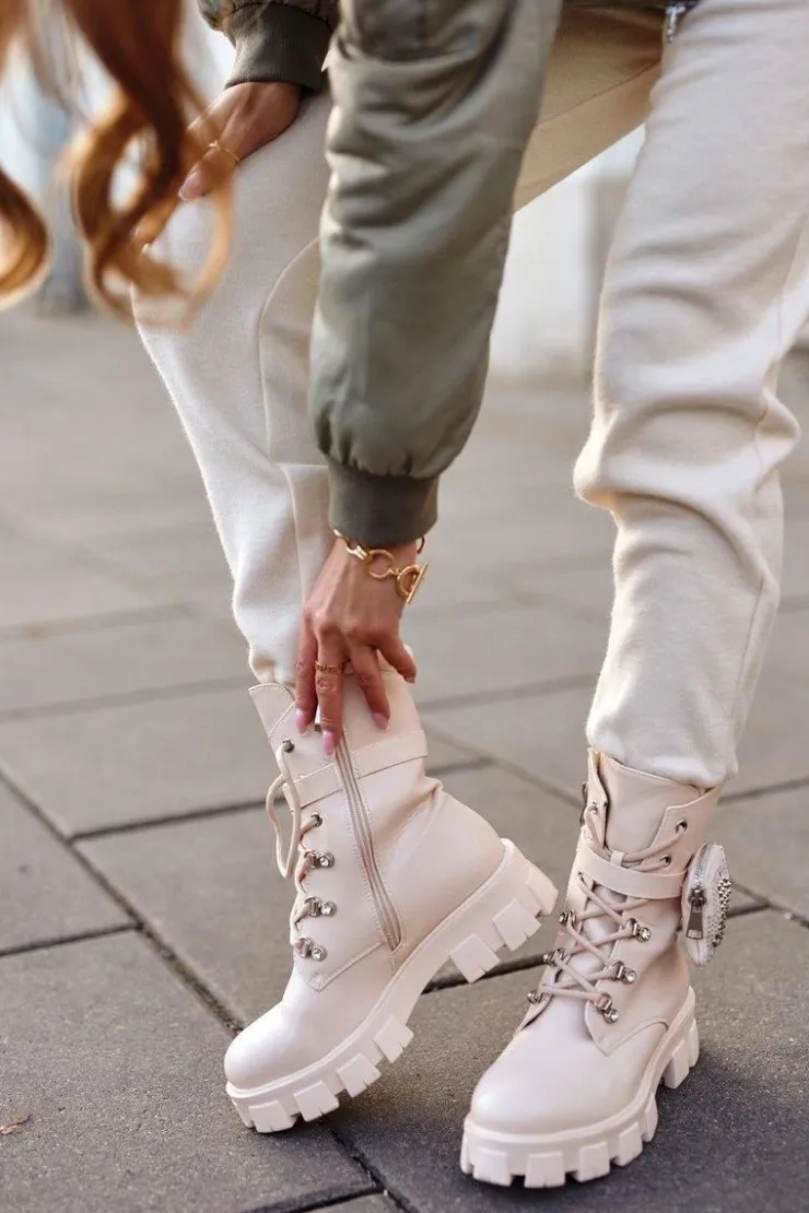 Damskie Boto Botki Damskie Na Platformie Ocieplane Beżowe Seul