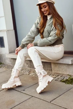 Damskie Boto Botki Damskie Na Platformie Ocieplane Beżowe Seul