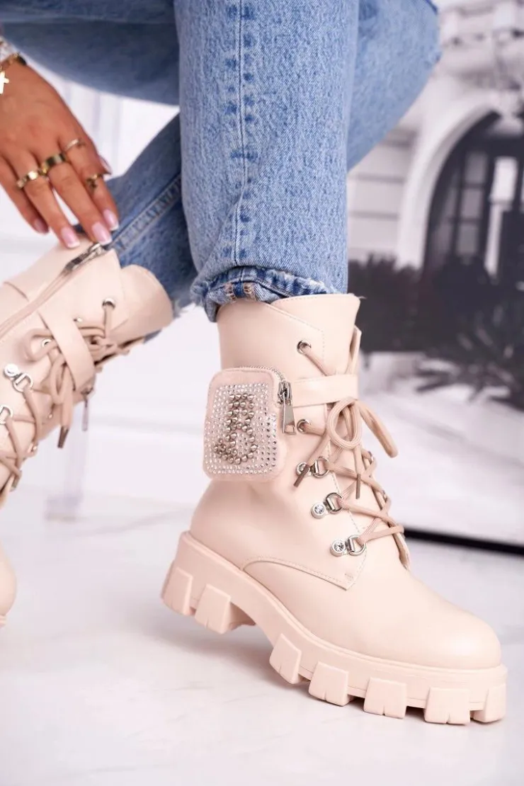 Damskie Boto Botki Damskie Na Platformie Ocieplane Beżowe Seul