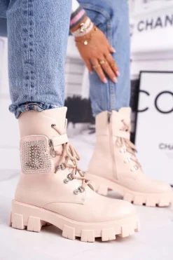 Damskie Boto Botki Damskie Na Platformie Ocieplane Beżowe Seul