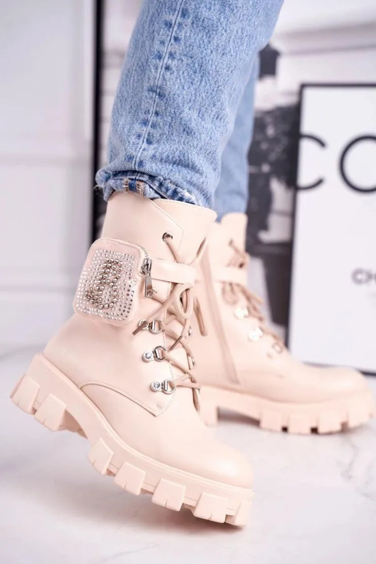 Damskie Boto Botki Damskie Na Platformie Ocieplane Beżowe Seul