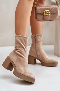 Damskie Damskie buty S.Barski Botki Damskie Na Platformie I Masywnym Obcasie S.Barski HY42-739 Beżowe